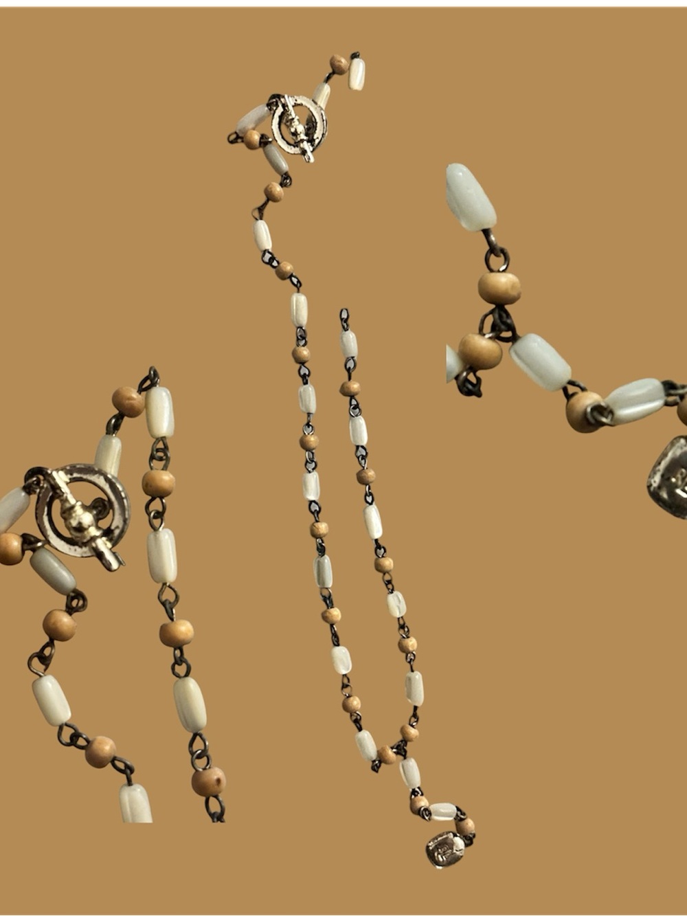 Ralph Lauren Beaded White & Tan Necklace with Toggle Clasp